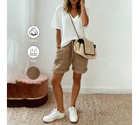 2026 Nouvel ensemble d'été pour femmes en lin décontracté avec cordon de serrage et ourlet roulé, 2 pièces, top blanc à manches courtes en tissu de lin texturé, associé à un design de taille élastique