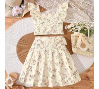 2026 Nouvel été 8-12 ans Filles Ensemble Floral Ditsy, comprend un top camisole à fleurs Ditsy jaune Buttercup avec encolure carrée et jupe plissée à taille avec nœud papillon, convient pour le pique-