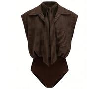 2026 Nouvelle arrivée Femmes Blouse body à col rayé sans manches avec nœud devant Esthétique Y2K Décontracté Professionnel Porter au bureau Coupe slim Top marron une pièce Mode polyvalente Été Tenue d