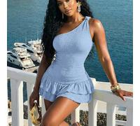 2026 Nouvelle arrivée printemps/été décontracté Resort Mode Très à la mode Slim Fit Vert Combinaison femme à une épaule nouée à volants multicouches en matière texturée. Convient pour les sorties quot