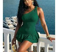 2026 Nouvelle arrivée printemps/été décontracté Resort Mode Très à la mode Slim Fit Vert Combinaison femme à une épaule nouée, multicouche, volants, matière texturée. Convient pour les sorties quotidi