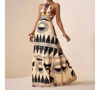 2026 Nouvelle Arrivée Printemps/Été Robe Ajustée A-Line Col ras-du-cou Taille Ajourée Imprimé Placement Vacances Pour Femmes Beige Bohème Aéré Tropical L,M,S,XLGéométrique,graphiqueTissu tissé