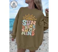 2026 Nouvelle Arrivée Printemps/Été, sweat-shirt décontracté à manches longues raglan pour femmes, imprimé avec le slogan "Sunshine On My Mind" et un graphique de soleil, coupe ample col rond long. Co