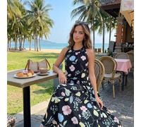 2026 Nouvelle Arrivée Robe Longue Maxi à Col ras-du-cou Sans Manches à Fleurs Ditsy, Robe d'Été Élégante de Style Français pour Anniversaire, Vacances et Plage avec Ourlet Asymétrique L,M,S,XLTropical