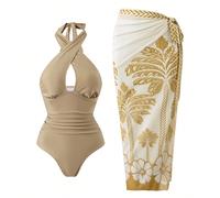 2026 Nouvelle combinaison élégante et décontractée pour grandes tailles, printemps/été, col croisé, taille plissée, associée à une jupe à motifs. Tenue de vacances à la mode, convient pour l'automne, 