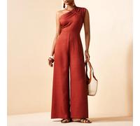 2026 Nouvelle combinaison élégante pour le printemps/été, rouge-brun, à une épaule, plissée, avec ceinture à nouer et jambes larges. Convient pour le port quotidien, les vacances, les fêtes, les tenue