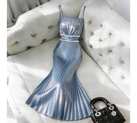 2026 Nouvelle robe longue élégante pour femme, robe plissée avec bretelles spaghetti et taille perlée en satin, convient pour les soirées élégantes, les vacances d'été L,M,S,XLRayéTissu tissé