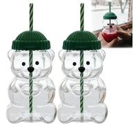 2026 Nouvelle Tasse Bear Straw - Verre à Boire Transparent avec Couvercle en Forme d'Ours, Tasse à Paille Design pour Jus, Lait, Thé et Café, Cadeau de Noël Mignon pour Enfants et Adultes (2PCS)