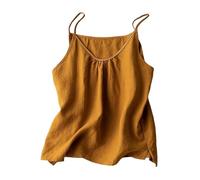 2026 Nouvelles bretelles d'été pour femmes en pur lin, couleur unie à l'extérieur, pour porter un gilet à bretelles mince et ample de style littéraire et rétro, jaune, M