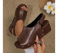 2026 Nouvelles sandales compensées à semelle épaisse pour femmes, printemps/été. Sandales compensées marron à bout ouvert confortables avec décoration de rivets, design à boucle et à scratch, style ré