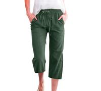 2026 - Pantalon 7/8 uni en lin mélangé pour femme, coupe ample, pantalon décontracté avec poches, pantalon avec trous pour femme, Vert armée., S