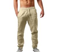 2026 - Pantalon élastique pour homme, couleur unie, respirant, coton, lin, pantalon décontracté décontracté pantalon de travail militaire, beige, 3XL