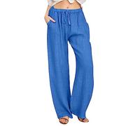 2026 - Pantalon pour femme à taille haute et jambes larges, pantalon élastique tendance avec cordon de serrage, pantalon long confortable avec jambes droites, poches pour VTT pour femme, bleu, XL