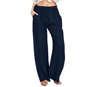 2026 - Pantalon pour femme à taille haute et jambes larges, pantalon élastique tendance avec cordon de serrage, pantalon long confortable avec jambes droites, poches pour VTT pour femme, bleu foncé