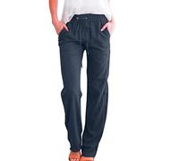 2026 - Pantalon pour femme taille haute et jambe large Pantalon élastique décontracté avec cordon de serrage Pantalon long confortable avec jambe droite et poches Pantalon d'été pour femme court, bleu