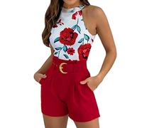 2026 Pantalons Femmes Casual Mode Ensemble Shorts Femme Ensemble Gilet Sans Manches Haut Shorts Deux Pièces Imprimé Floral Basique Débardeur & avec Ceinture, rouge, XL