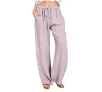 2026 Pantalons Femmes Coton Lin Pantalons Été Jambe Large Décontracté Lâche Cordon de Serrage Taille Haute Palazzo avec Poches, lilas, L