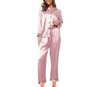 2026 Pantalons Femmes Ensemble de Pyjama à la Mode pour Femmes Pyjama en Soie 2 Pièces Ensemble de Pyjama Satin Manches Longues Robe Boutonnée Décontractée avec Pantalon, Rose, S
