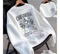 2026 Printemps/Été Nouvelle Arrivée: Sweater col rond blanc CHISMOSA à imprimé graphique, coupe ample, 100% coton, style unisexe. Le confort rencontre le style avec une touche rétro pour l'étudiant mo