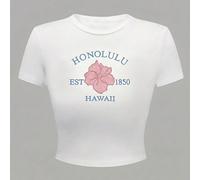 2026 Printemps/Été Nouvelle mode ado fille Vacances Tee-shirt décontracté confortable à imprimé floral rose tendre Vacances Hawaï 14Y,13Y,16Y,15YLettresPolyester