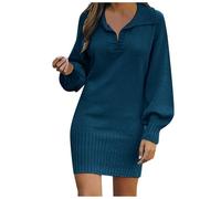 2026 Printemps Femmes À Manches Longues Mode Solide Pull Robe Laine Longueur Moyenne Tricot, bleu marine, S