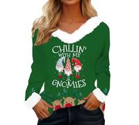 2026 Printemps Femmes Automne Hiver Décontracté Mode Col en V Imprimé Noël T-shirt Manches Longues Tops Chemises, Vert, L