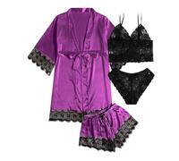 2026 Pyjama Femme Ensemble Pyjama Long Boutonné Soie Vêtements de Nuit Lingerie Femmes Hauts et Shorts Décontracté Couleur Unie Chemise de Nuit Chemise de Nuit, lilas, L