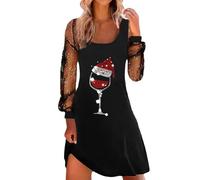 2026 - Robe à thé classique pour femme, robe à manches longues avec ceinture en V, robes de cocktail swing robe imprimée pour femme, Noir , L