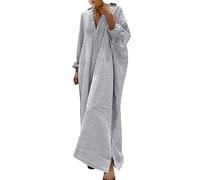 2026 - Robe chemise à rayures en coton et lin pour femme - Robe longue décontractée et ample - Jaune - Courte, gris, 3XL