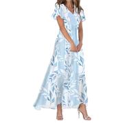 2026 Robe de plage Robes pour femmes Swing Robe longue en mousseline de soie Fleurs Manches courtes Volants Col V Mode Robe fluide Robes, bleu ciel, L