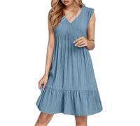 2026 - Robe d'été pour femme - Sans manches - Col en V - Mini robes mode décontractée - Style bohème - Volants - Ligne A - Swing 2025 - Robe élégante pour mariage - Manches longues, bleu clair, S