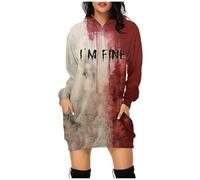 2026 Robe Femme Halloween Décontractée Manches Longues Longue sanglante Drôle Lettre Impression Sweat à Capuche Poche Pull Robe, Rose clair, XL