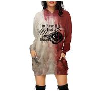 2026 Robe Femme Halloween Décontractée Manches Longues Longue sanglante Drôle Lettre Impression Sweat à Capuche Poche Pull Robe, Rose, S