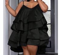 2026 Robe mini en satin à volants sans manches à bretelles fines de couleur unie pour grandes tailles, robe de soirée grande taille, tenue d'ambiance festive, nouvelle arrivée printemps/été, style élé