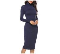 2026 Robe pull ajustée à col roulé en tricot côtelé à manches longues pour femme, bleu, L
