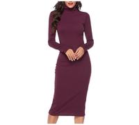 2026 Robe pull ajustée à col roulé en tricot côtelé à manches longues pour femme, Rouge, 3XL