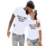 2026 Saint-Valentin décontracté couleur unie avec lettre anglaise intéressante imprimé col rond manches courtes vêtements pour amoureux fille He's My Better Half, blanc, XL