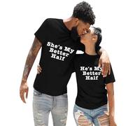 2026 Saint-Valentin décontracté couleur unie avec lettre anglaise intéressante imprimé col rond manches courtes vêtements pour amoureux fille He's My Better Half, Noir , S