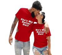 2026 Saint-Valentin décontracté couleur unie avec lettre anglaise intéressante imprimé col rond manches courtes vêtements pour amoureux fille He's My Better Half, Rouge, XXL