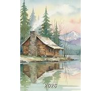 2026: Small Monthly Calendar Planner - Watercolor Cabin On A Lake In The Woods