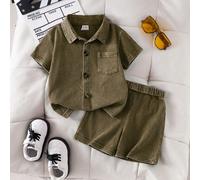 2026 SS Nouvelle mode Tissu moelleux et confortable, Essentiel de voyage d'été, Ensemble 2 pièces décontracté vert pour tout-petits garçons - Chemise à manches courtes et veste, Style de rue extérieur