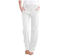 2026 - String extensible en coton solide pour femmes - Lin et long pantalon décontracté droit élastique pantalon femme médecine 44, Blanc., S