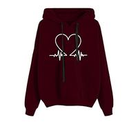 2026 Sweat à capuche pour femme avec imprimé amour, chemisier décontracté à manches longues avec cordon de serrage, Bordeaux, M