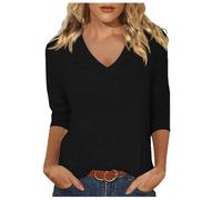 2026 - T-shirt à col en V pour femme, pour l'été, tendance, confortable, coupe décontractée, maillot de Pologne à sept manches quarts, Noir , S