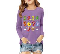 2026 T-shirt à manches longues pour enfants et filles avec imprimé graphique, doux, décontracté, confortable, pour enfants, vêtements de tous les jours, mode pour enfants, lilas, 5-6 ans