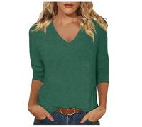2026 - T-shirt d'été à col en V pour femme - Tendance - Confortable - Coupe décontractée - Sept quarts - Manches longues, vert, XXL