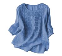 2026 T-shirt pour femme avec broderie florale sur le cou, haut d'été décontracté pour le quotidien en vacances avec un design de couleur pure, bleu, XL