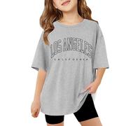 2026 T-shirts pour enfants avec lettres imprimées, manches courtes, hauts surdimensionnés, décontractés, col rond, t-shirts basiques, gris, 7-8 ans