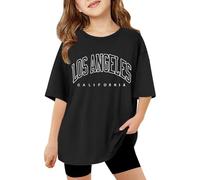2026 T-shirts pour enfants avec lettres imprimées, manches courtes, hauts surdimensionnés, décontractés, col rond, t-shirts basiques, Noir , 13-14 ans