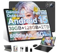2026 Tablette Android 15 30Go RAM+128Go ROM + TF 2To 10 Pouces,Gemini AI,Octo-Core, 8000mAh,GPS,Corps intégré en métal, 5MP+8MP, WiFi 5G& BT 5.0, Widevine L1 Tablet Avec Clavier et Souris - Noir